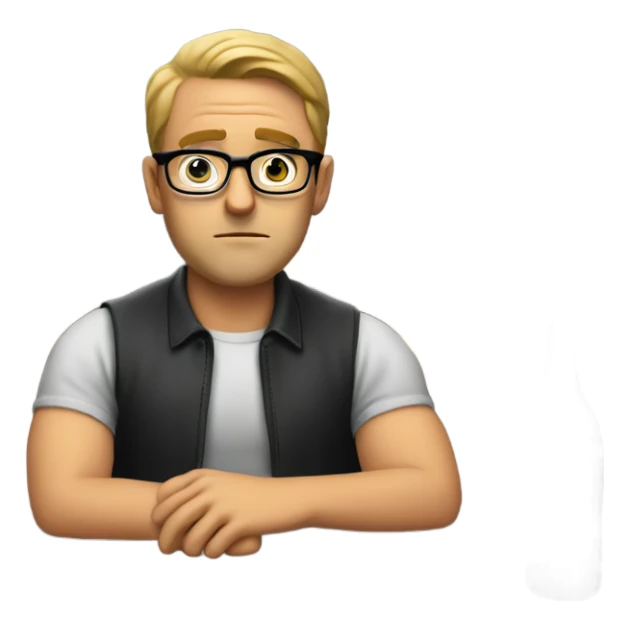 White man with glasses sitting in a bar/restaurant sitting at a high top table staring into the corner of the restaurant with a small tv looking hopeless  sticker