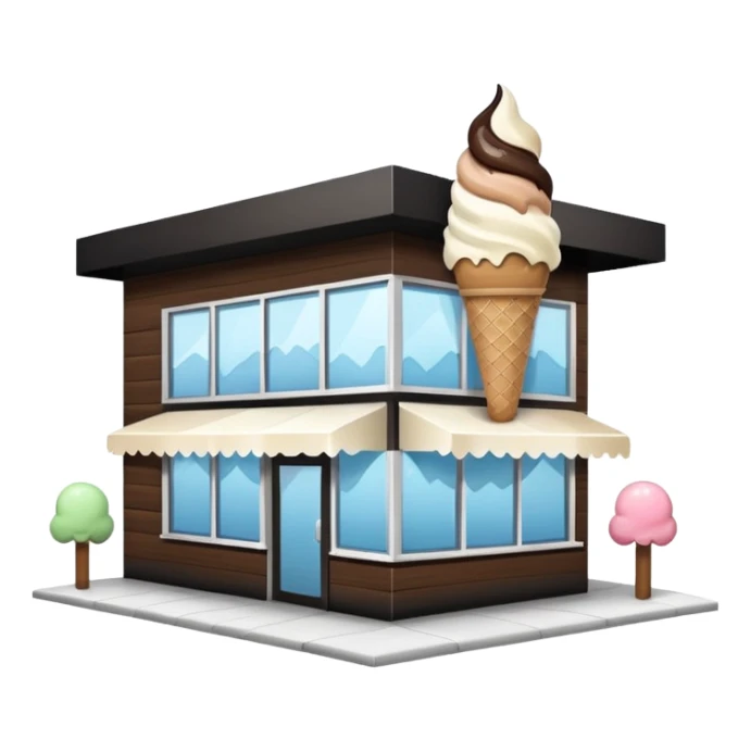 ice cream store at an angle, modern building wood, gray, white materials modern, at an angle sticker