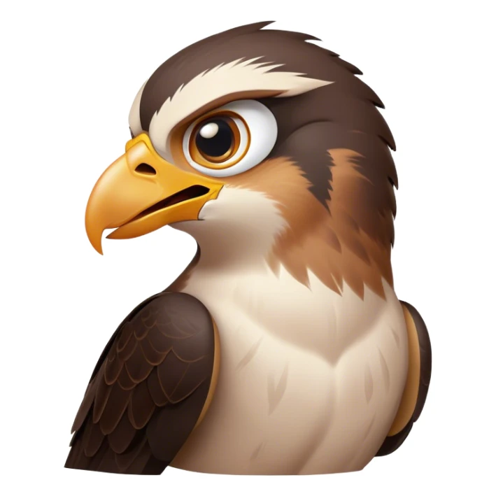 Cinematic Comical Falcon Portrait Emoji, Head tilted dramatically with an exaggeratedly shocked expression, featuring a sharply defined beak and wide, comically expressive eyes full of playful disbelief, Simplified yet hilariously expressive features, highly detailed, glowing with a slightly sassy glow, high shine, dramatic yet playful, stylized with an air of cheeky aerial mischief, soft glowing outline, capturing the essence of a meme-worthy falcon that looks ready to side-eye its way into viral fame! sticker