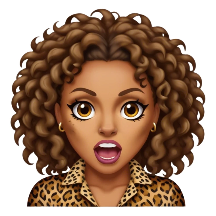 Melanie Brown with brown curls wearing leopard print and snarling￼ sticker