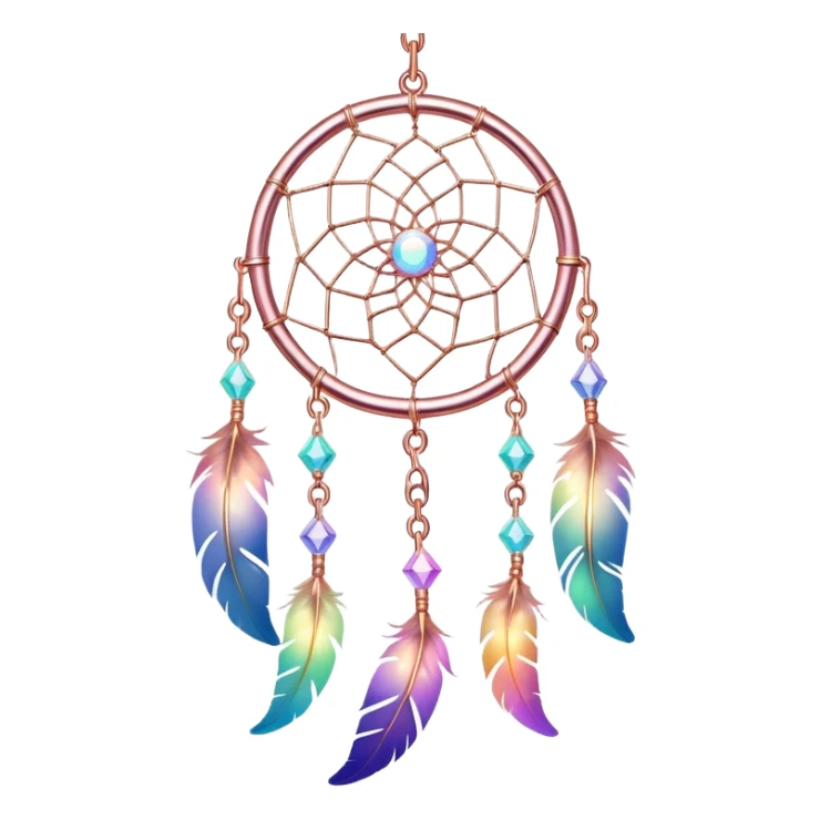 Iridescent pastel rainbow colorful transparent bright light luminescent dream-catcher hanging from an iridescent chain, rose-gold-metal  sticker
