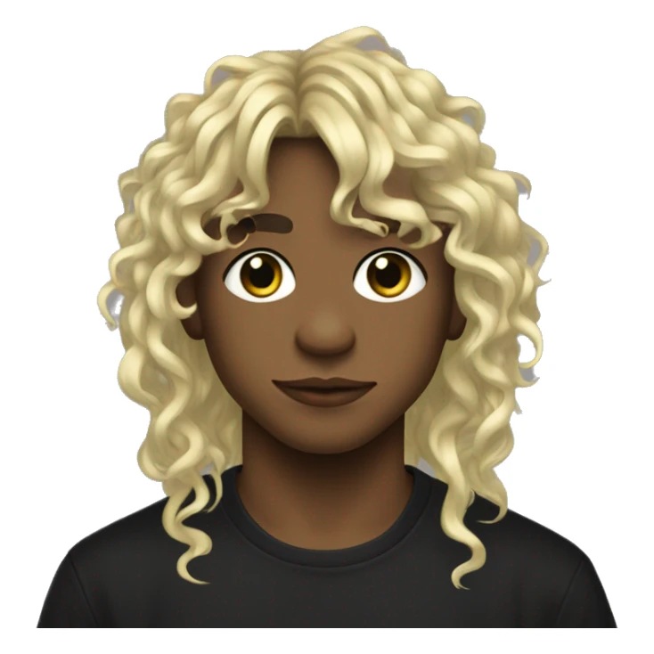 a boy with long curly blond hair with bangs,a bridge piercing and a side labret piercing. he’s wearing a black shirt with a frog sticker