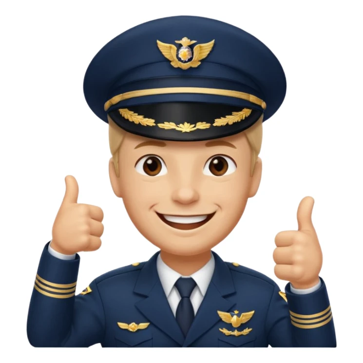 Slack-style emoji of a pilot wearing a slightly tilted navy captain hat, giving a thumbs-up, big cheerful smile, eyes closed or happy squint sticker