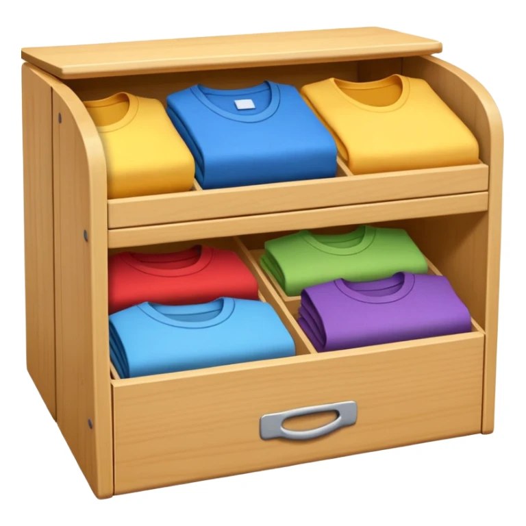 wooden storage box with folded clothes organized in compartments emoji style sticker