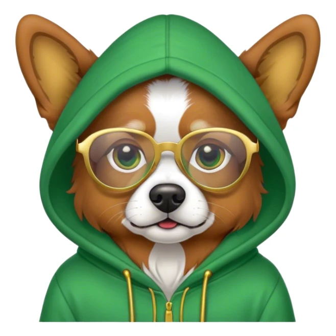 Dog wearing a green hoodie and gold glasses sticker