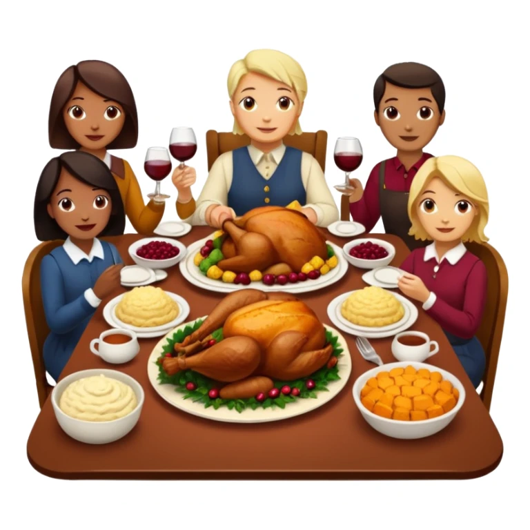 Thanksgiving Dinner with 6 friends of all different races around the table; have the food be a cooked turkey, mashed potatoes, corn, a basket of biscuits, a small bowl of cranberry sauce, baked yams, steamed vegetables, and a bottle of wine. sticker