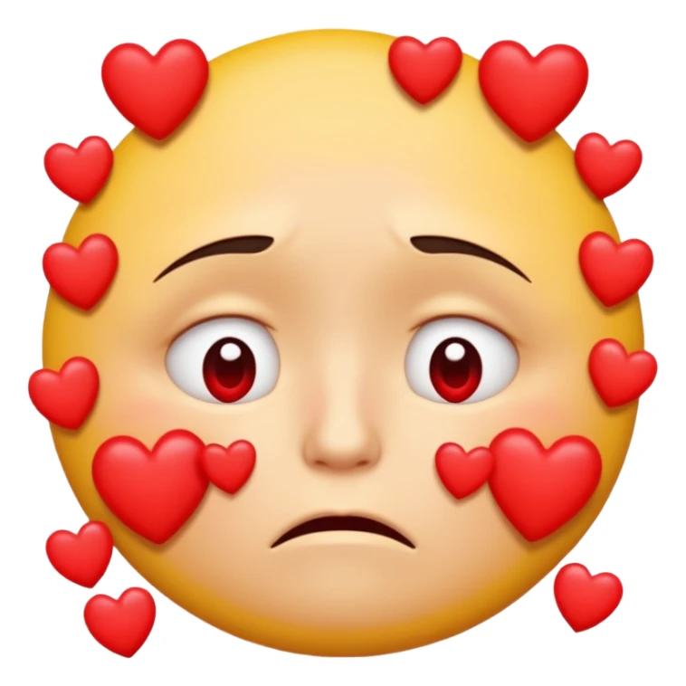 A yellow circular frowning face that is crying tears from its eyes, with a dozen hearts floating from top to bottom in front of it sticker
