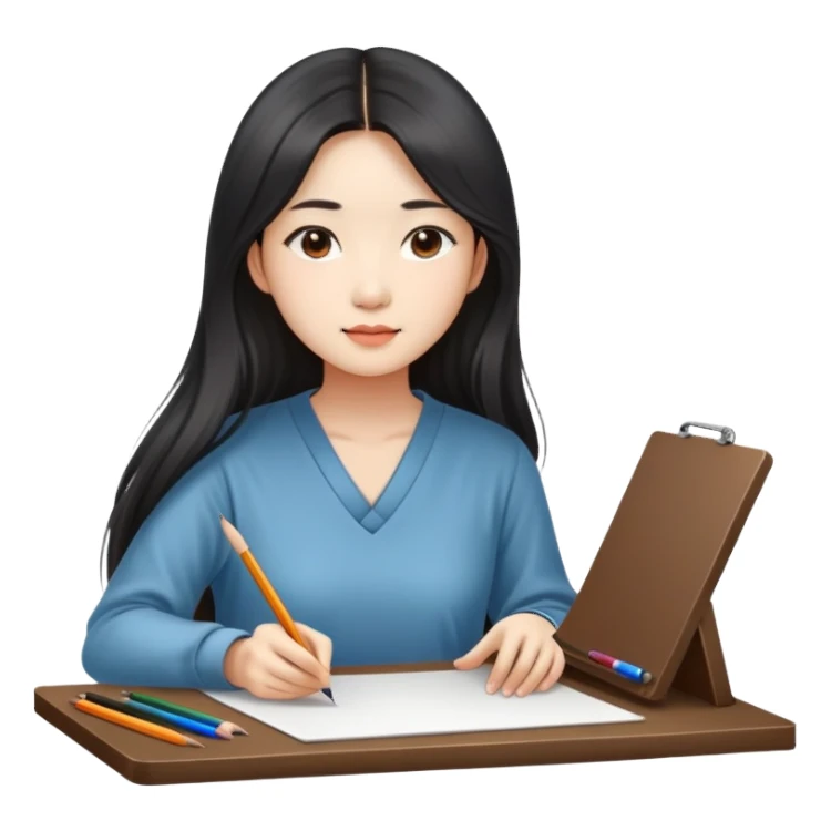 Asian woman in long hair drawing on drawing table  sticker