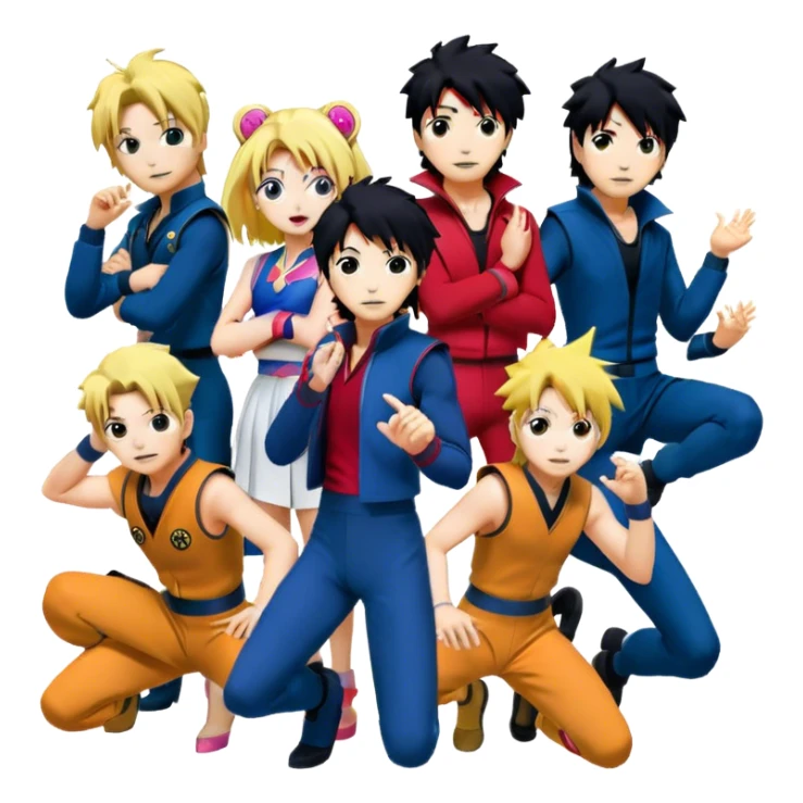 Icon for Anime Collage: Vibrant close-up collage Characters from Cowboy Bebop, Naruto, Bishoujo Senshi Sailor Moon and Kimetsu no Yaiba, each in their iconic poses and vibrant outfits, blended together with dynamic backgrounds. Transparent background. sticker