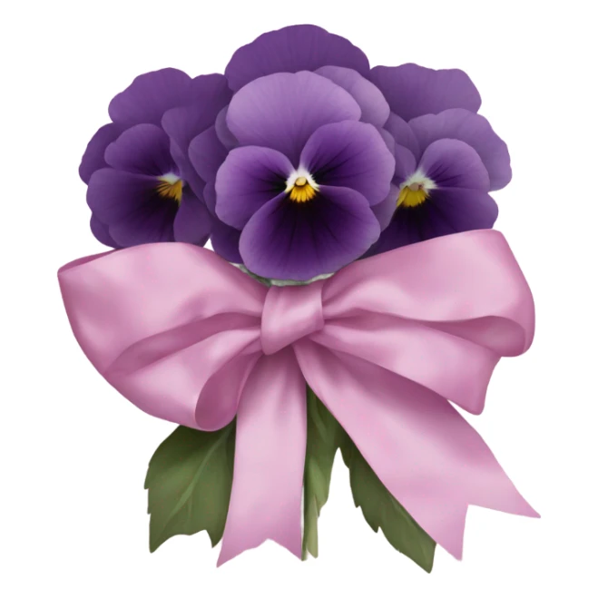 A bundle of pastel pansies and dark violet peonies wrapped in translucent deep pink fabric with a delicate bow. sticker