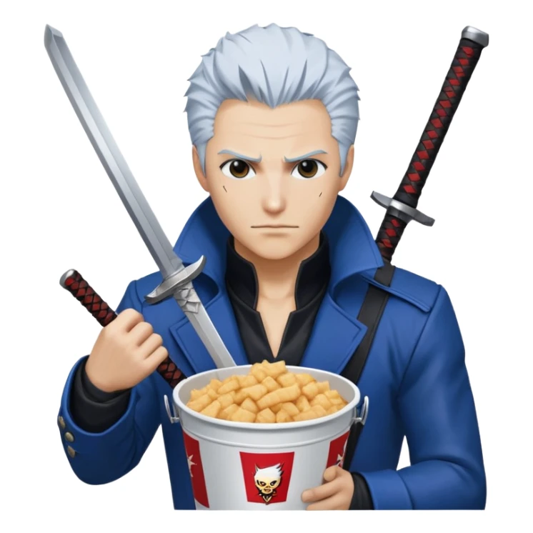 Vergil from Devil May Cry sitting in a KFC bucket, blue coat, white hair, katana sticker