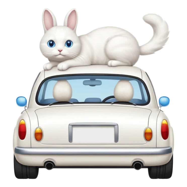 Please create a small emoji the size of 🚗 featuring a pure white cat with bunny tail (not ears) with blue eyes on a white saloon car viewed from side. Again it is necessary that the emoji must be extremely small, much smaller than a standard sized sticker. sticker