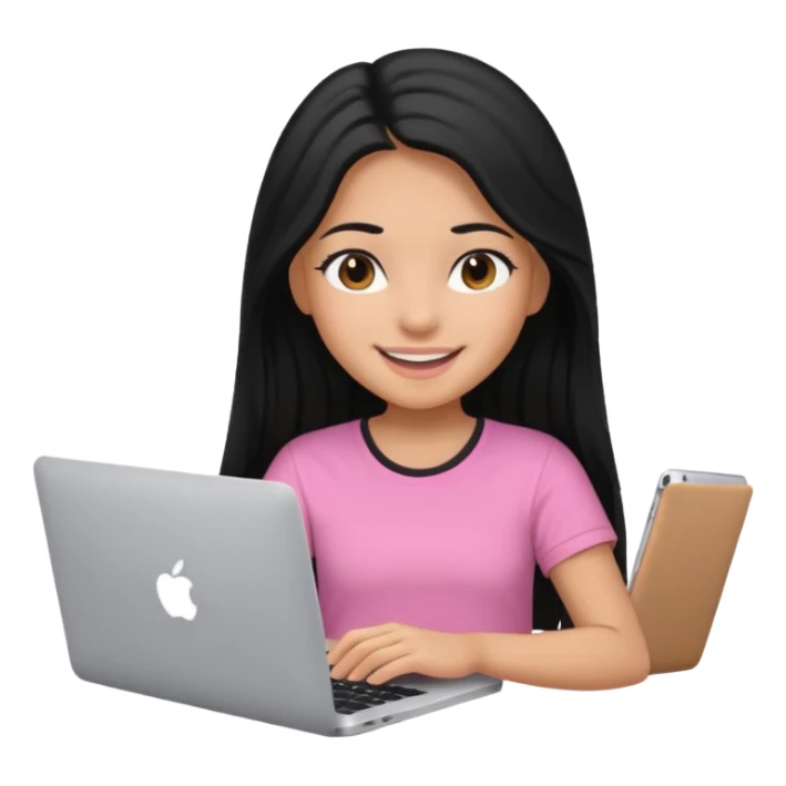 girl with black long hair working in a macbook, pink shirt, smily sticker