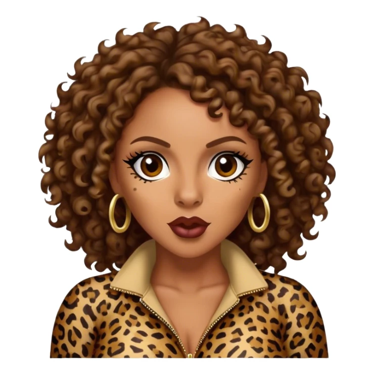 Melanie Brown with brown curls wearing leopard print and sneering sticker