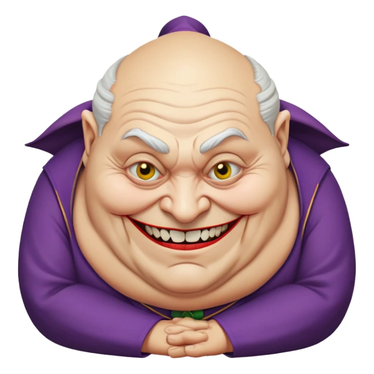 fat old temple priest with a creepy look, closed trouble-making smile, bent over like the Joker sticker