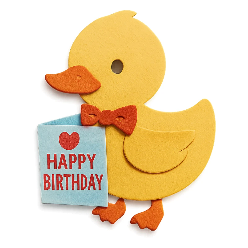 duck with bowtie holding birthday card, paper-craft style sticker
