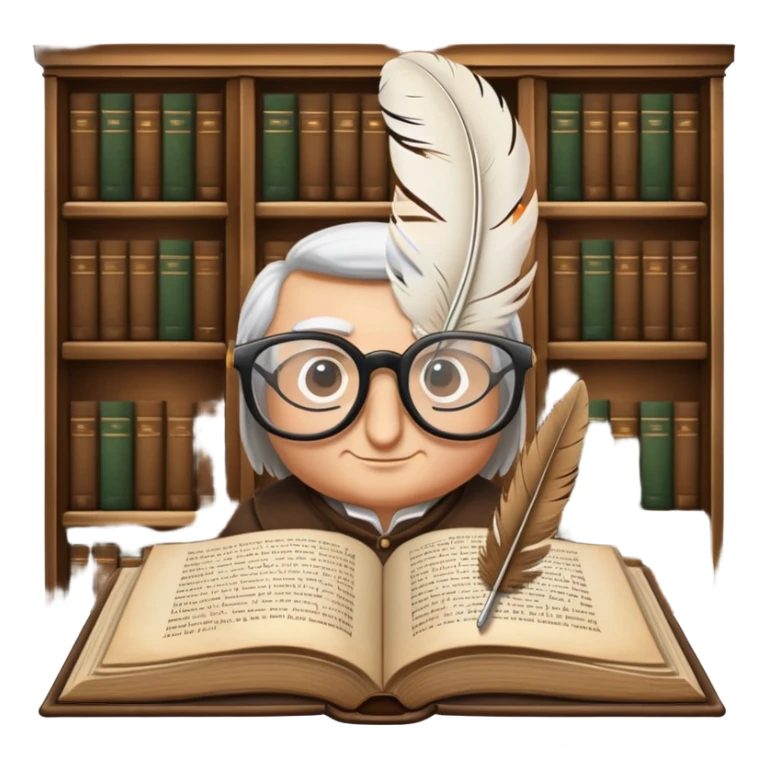 An icon featuring an open book with classic text, a feather quill, and reading glasses, symbolizing literary studies. The design includes old library shelves and vintage manuscripts in the background. Transparent background emphasizes the deep analysis of written works and literary history. sticker