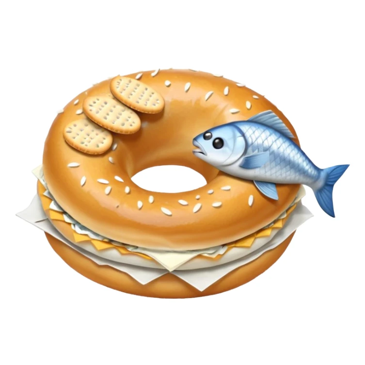 Bagel with cream cheese, a fish and crackers sticker