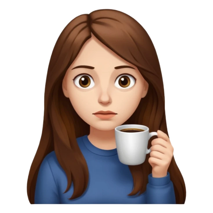 create a woman long hair brown, holding her cup of coffee looking exausted  sticker