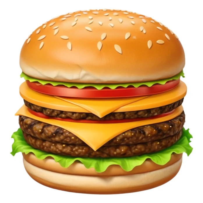 hamburger with sesame seed bun, lettuce, tomato, cheese, and patty sticker