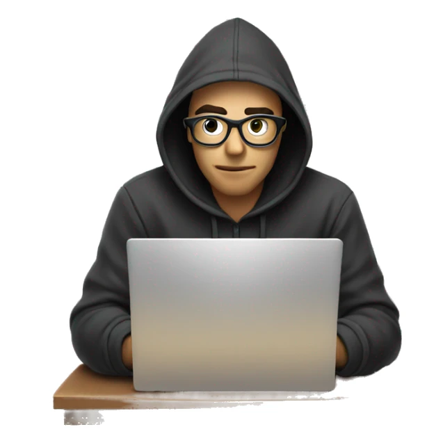 hacker with the hoddie on and glasses hacking on a laptop sticker