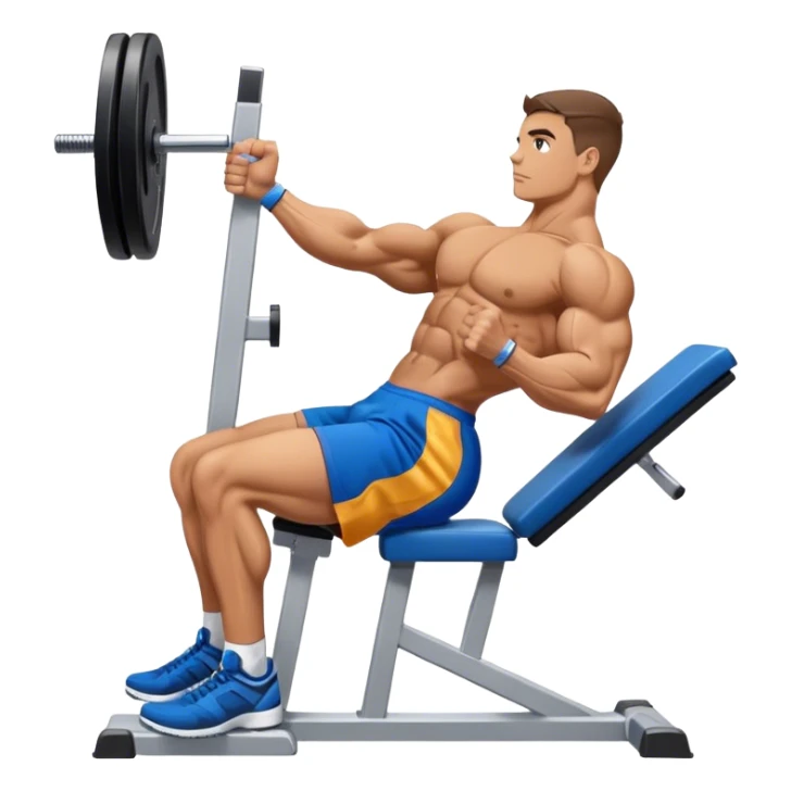 side-view bodybuilder in blue shorts seated weighted calf-raise machine on his tip toes sticker