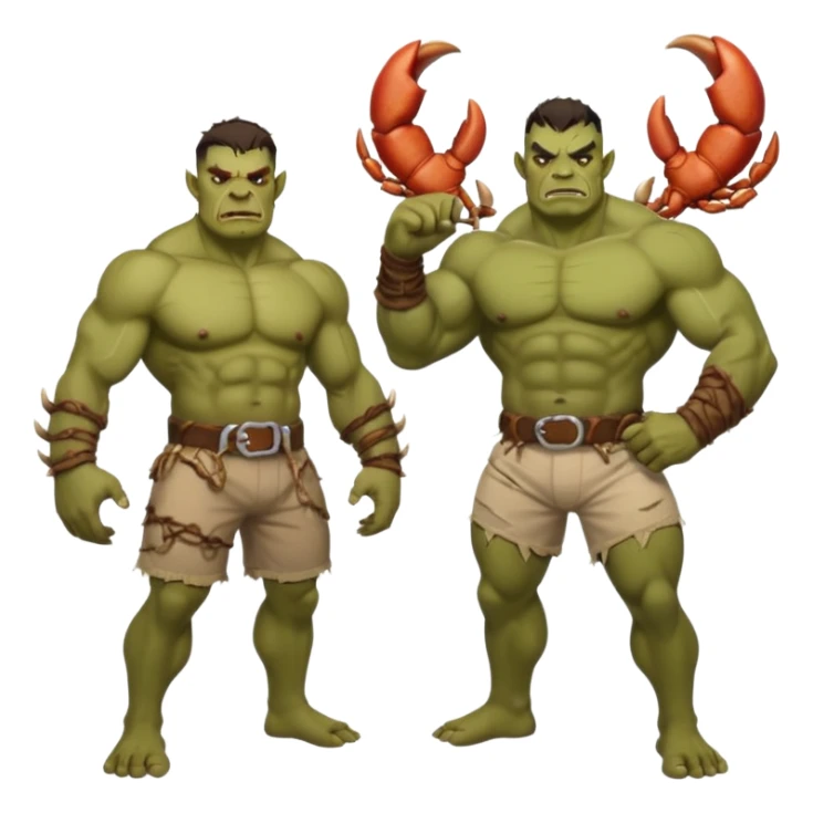 orc male flexing with giant crab. Torn net shorts, claw trophy belt sticker