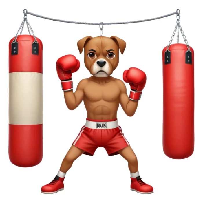 A determined boxer dog wearing red boxing gloves, practicing punches on a punching bag, with a focused expression, in a gym setting, cartoon style, vibrant colors, simple and clean design. sticker