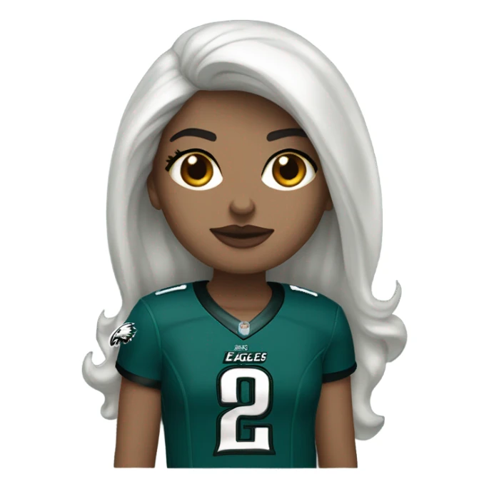 White female long dark hair red lips wearing Philadelphia Eagles jersey sticker