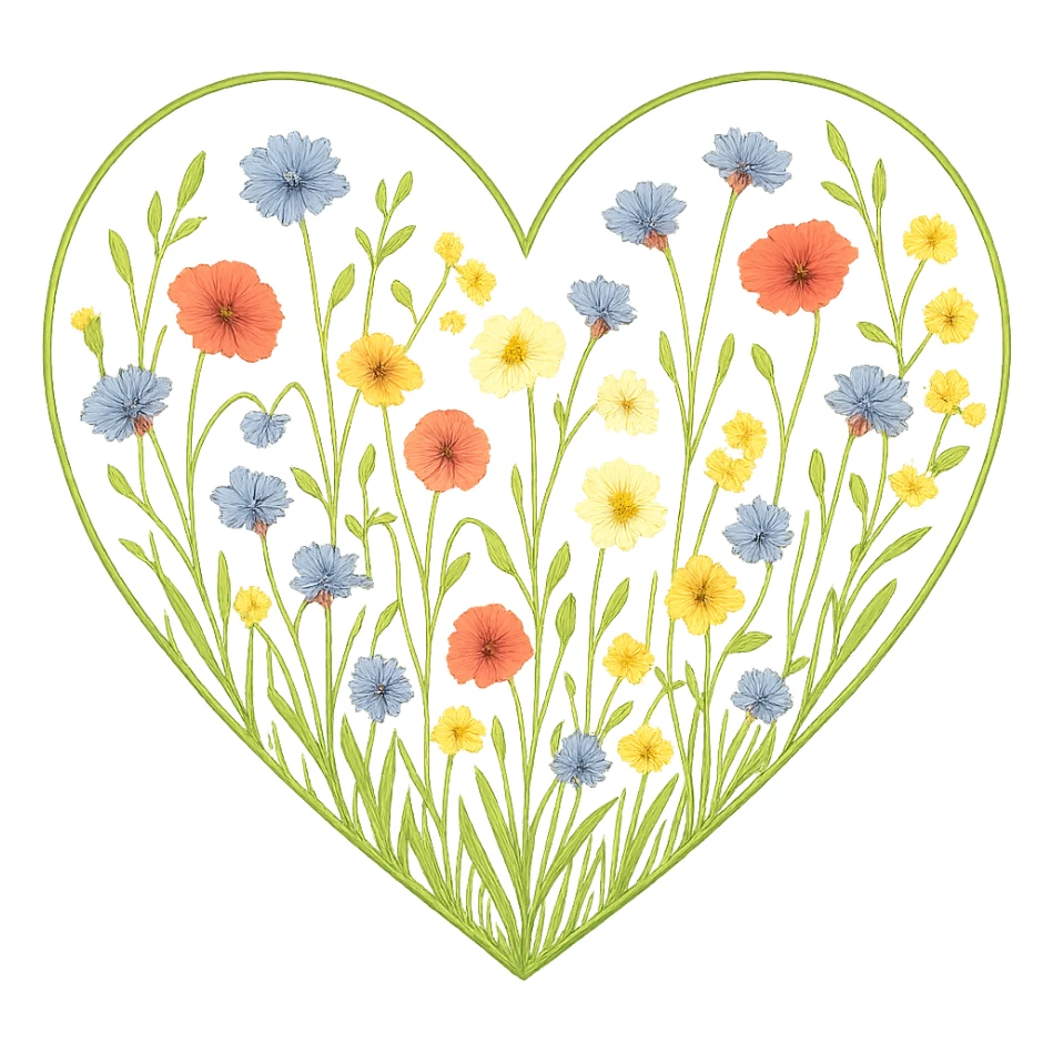 heart with a wildflower meadow theme, clean digital illustration sticker