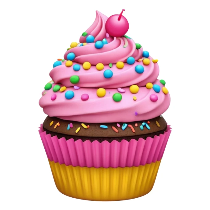 cupcake with pink icing with colorful sprinkles, chocolate cupcake base, 3D emoji style sticker