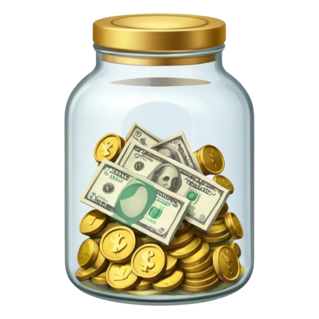 glass tip jar emoji style, simple with cash and coins sticker