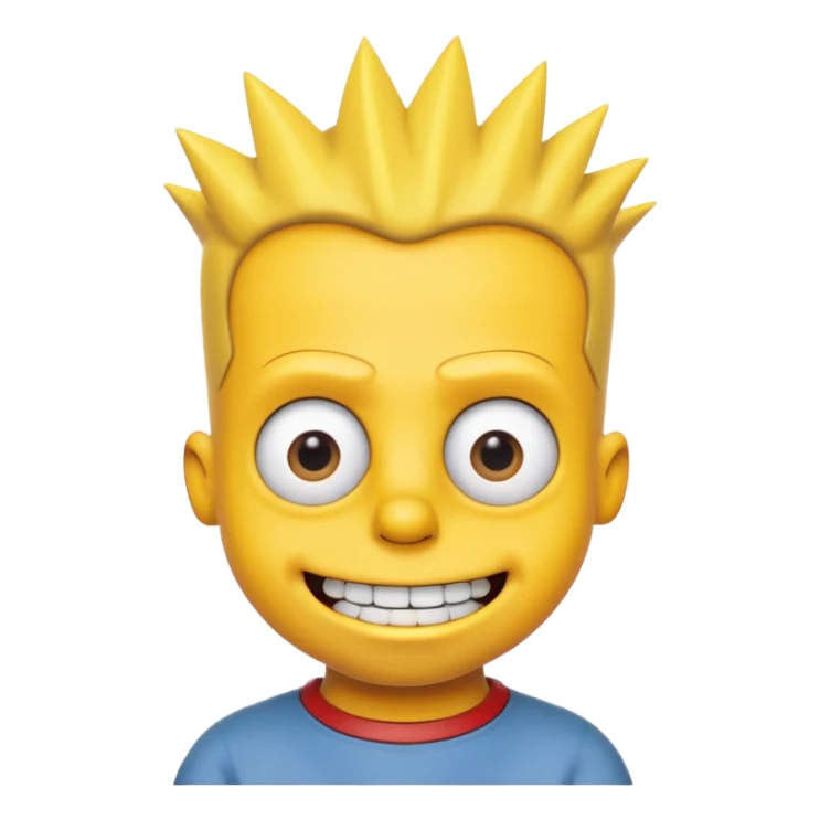 3D emoji head-only, smooth plastic, soft studio light, big round eyes, bold outline, centered, transparent bg,
Bart Simpson, yellow skin, nine short hair spikes, mischievous grin, overbite sticker