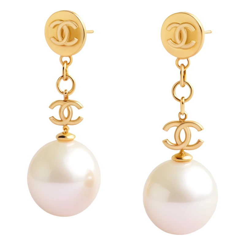 3D emoji-style pearl drop earrings with a small gold Chanel logo charm, elegant sticker