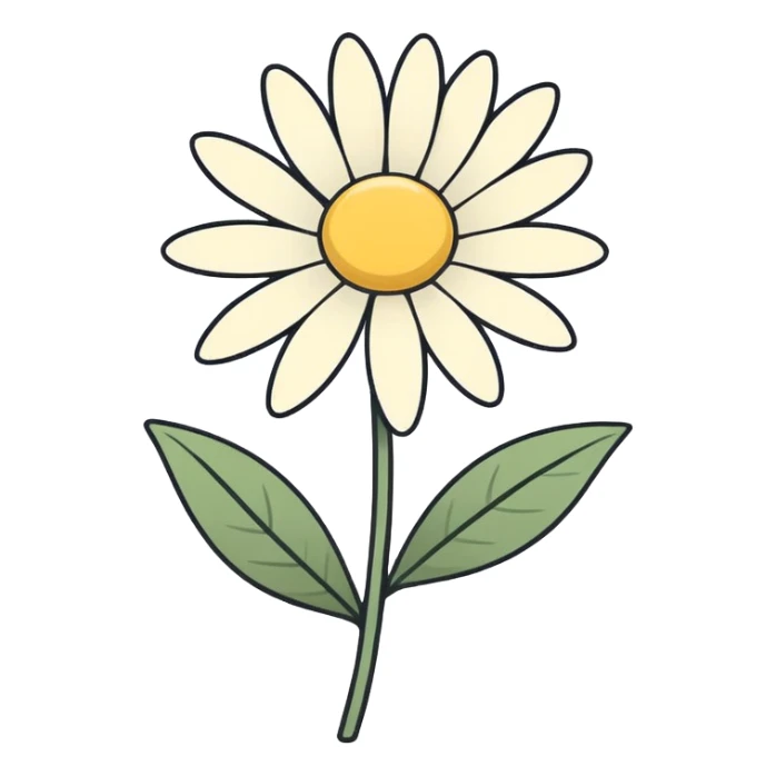 minimal line-art daisy flower sticker, elegant thin stroke, soft white and yellow tones, clean vector design, no background, modern aesthetic sticker