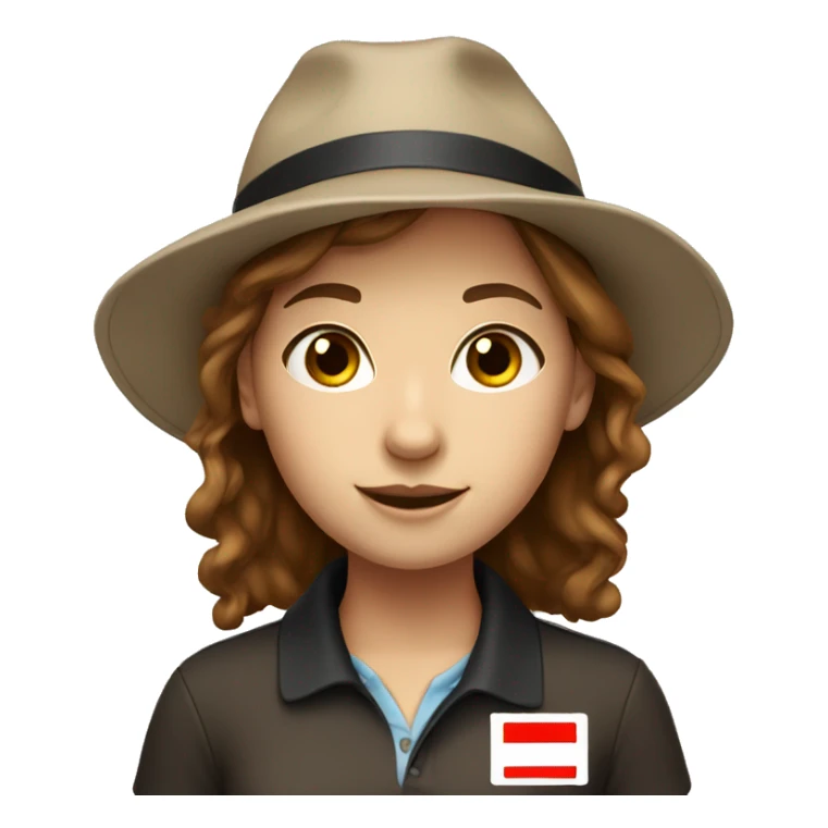 Brown haired girl with red polo, black hat and name tag sticker