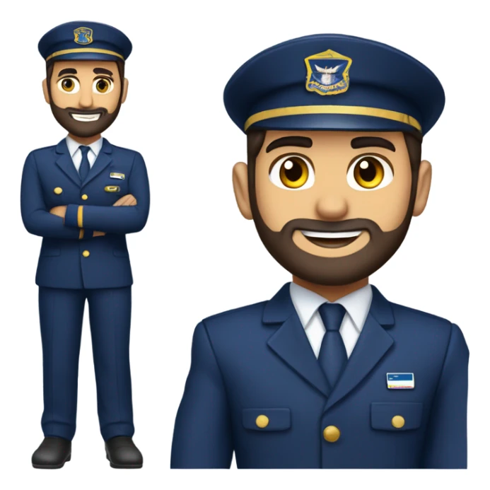Male Persian Flight attendant with beard at United airlines navy blue uniform 2 epaulet stripes sticker