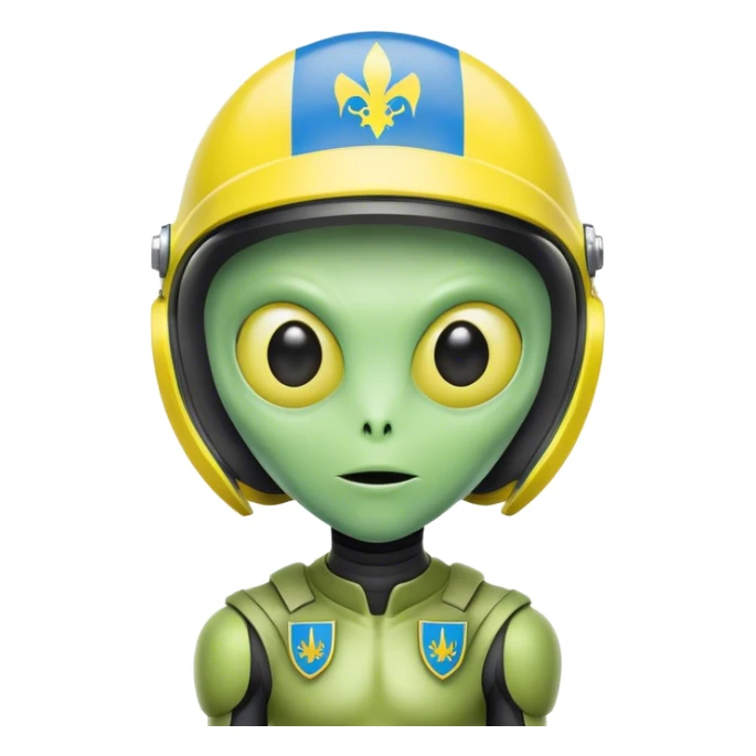 Green alien in helmet with Ukraine flag sticker