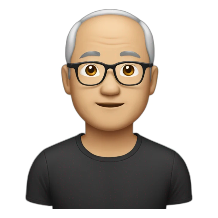 fifty year old Chinese man with small-flat-head wearing  eyeglasses and black t-shirt sticker