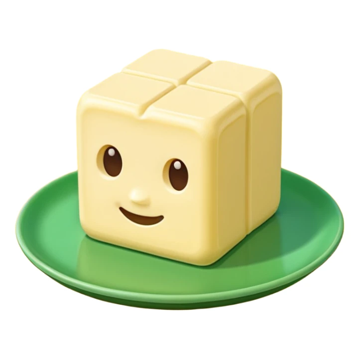 A 3D cartoon butter block identical to dairy butter, subtle green plate or tone difference, Memoji-style sticker