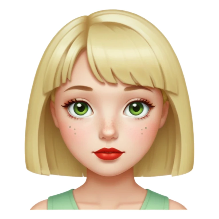 girl with blonde bob, short bangs, light green eyes, eyeliner, blush, freckles, red lips, square face sticker