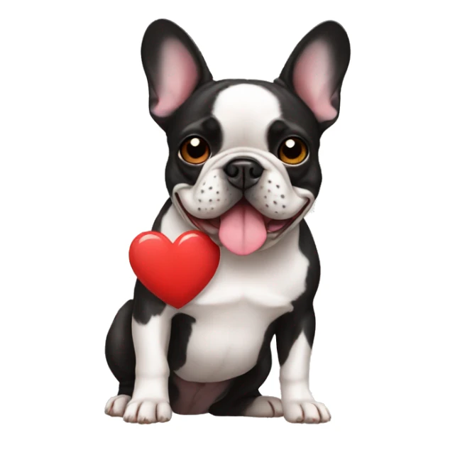 french bulldog with an emoji heart sticker