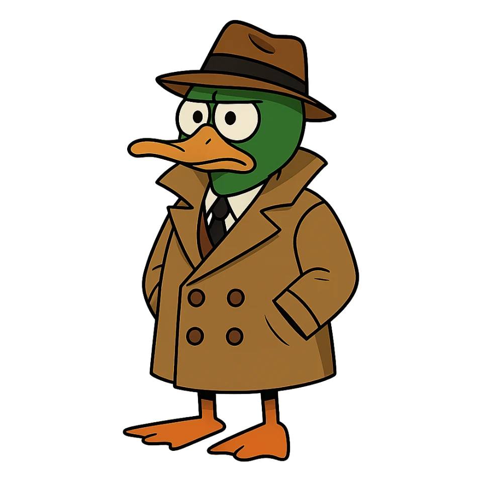 Transform the duck detective into a mallard with a distinctive green head and brown chest, maintaining the cartoon detective style, with no background. sticker