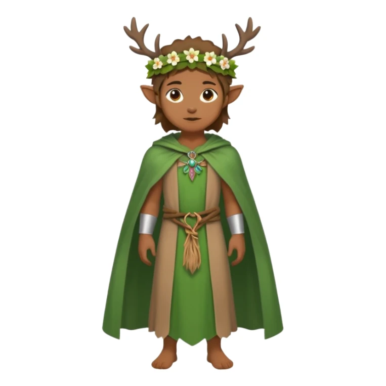 doe dressed as a druid, flower crown, green cape, full body icon sticker
