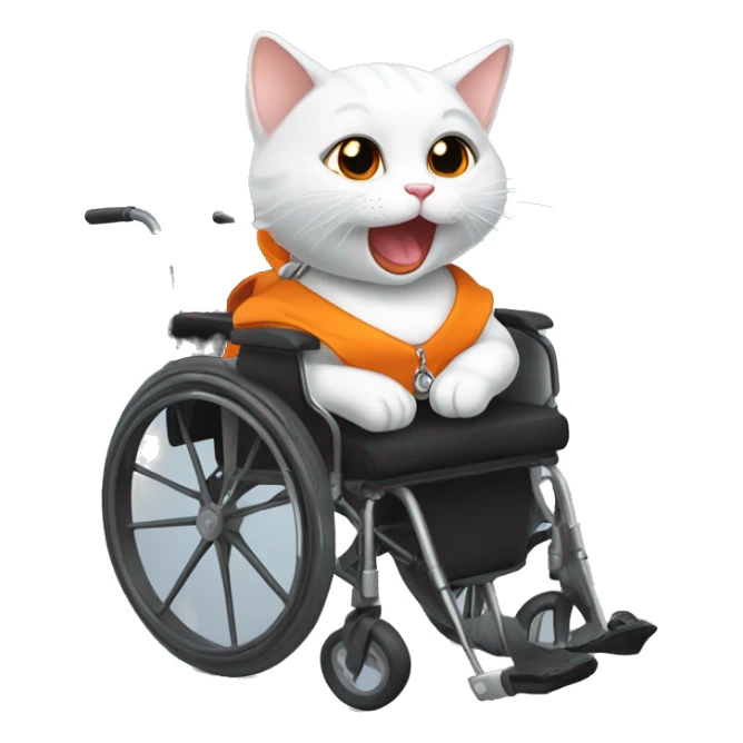 a white smiling kitty with her tongue out dressed in black and orange and in a wheelchair with handcuffs  sticker