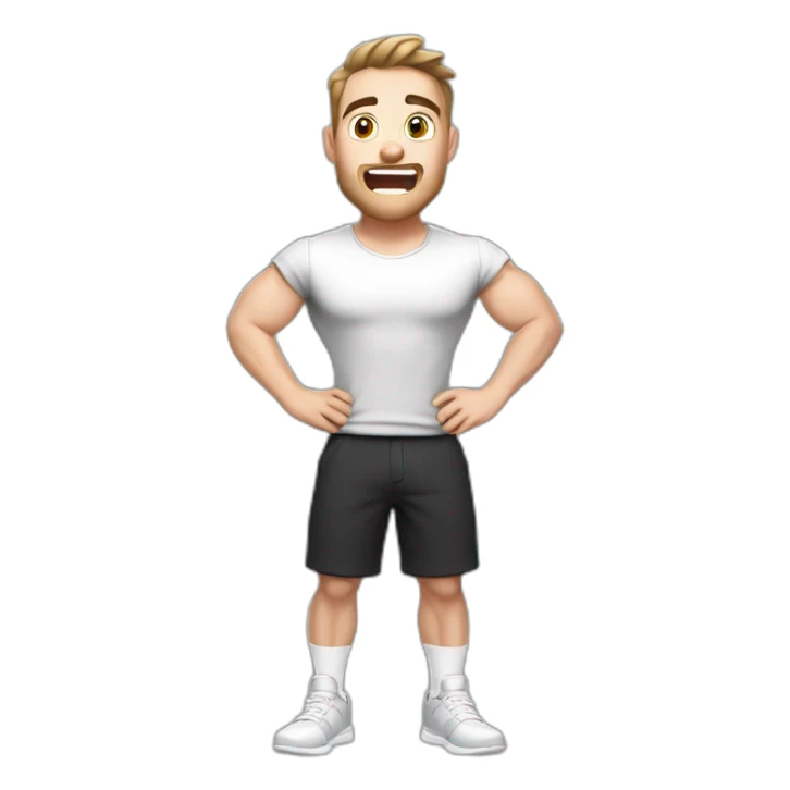 amazed Open with surprise mouth Pale skinned Fit Man With the biceps and dark brown hair in black shirt, gray sports shorts and white Sneakers sticker