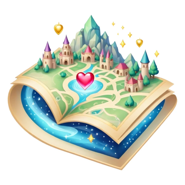 Enchanted floating folded map surrounded by magical sparkles and heart-shaped auras, mystical love journey map sticker