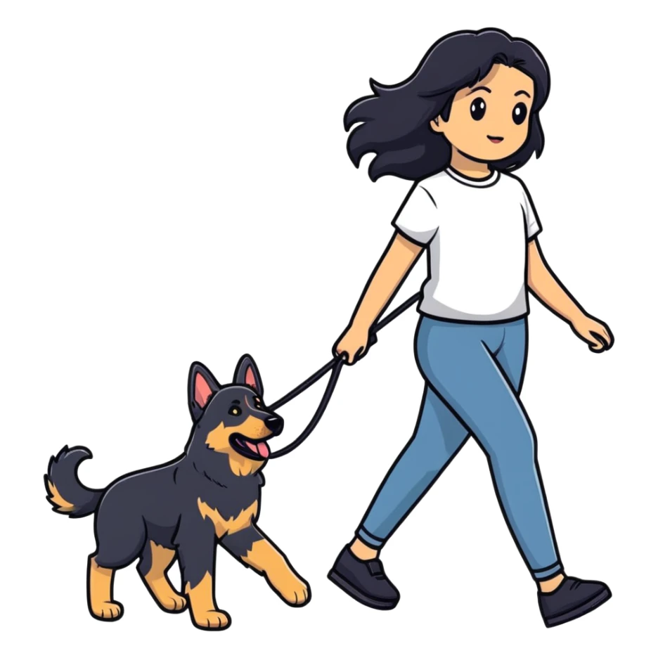 girl with long black hair walking a German Shepherd sticker