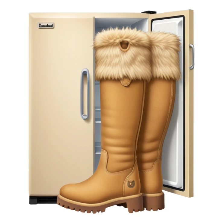 A white kitchen refrigerator with camel head poking out from an open door and furry camel legs wearing classic wheat-colored Timberland boots sticker