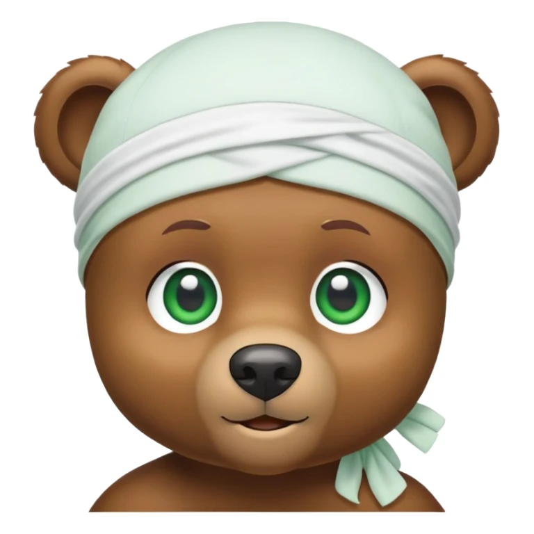 Cute brown bear head with green eyes wearing a white durag, hip style, iOS emoji style sticker